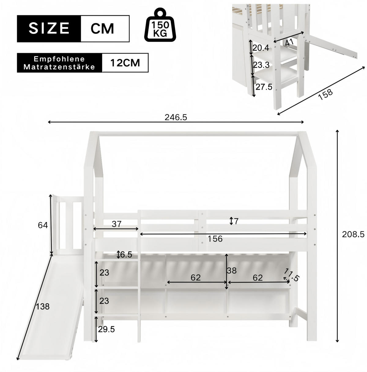 KINDEREINZELBETTEN aus Massivholz und MDF 90x200 cm in Weiß mit Rutsche & Stauraum - Weiß, Holzwerkstoff (90/200cm) - Modfu
