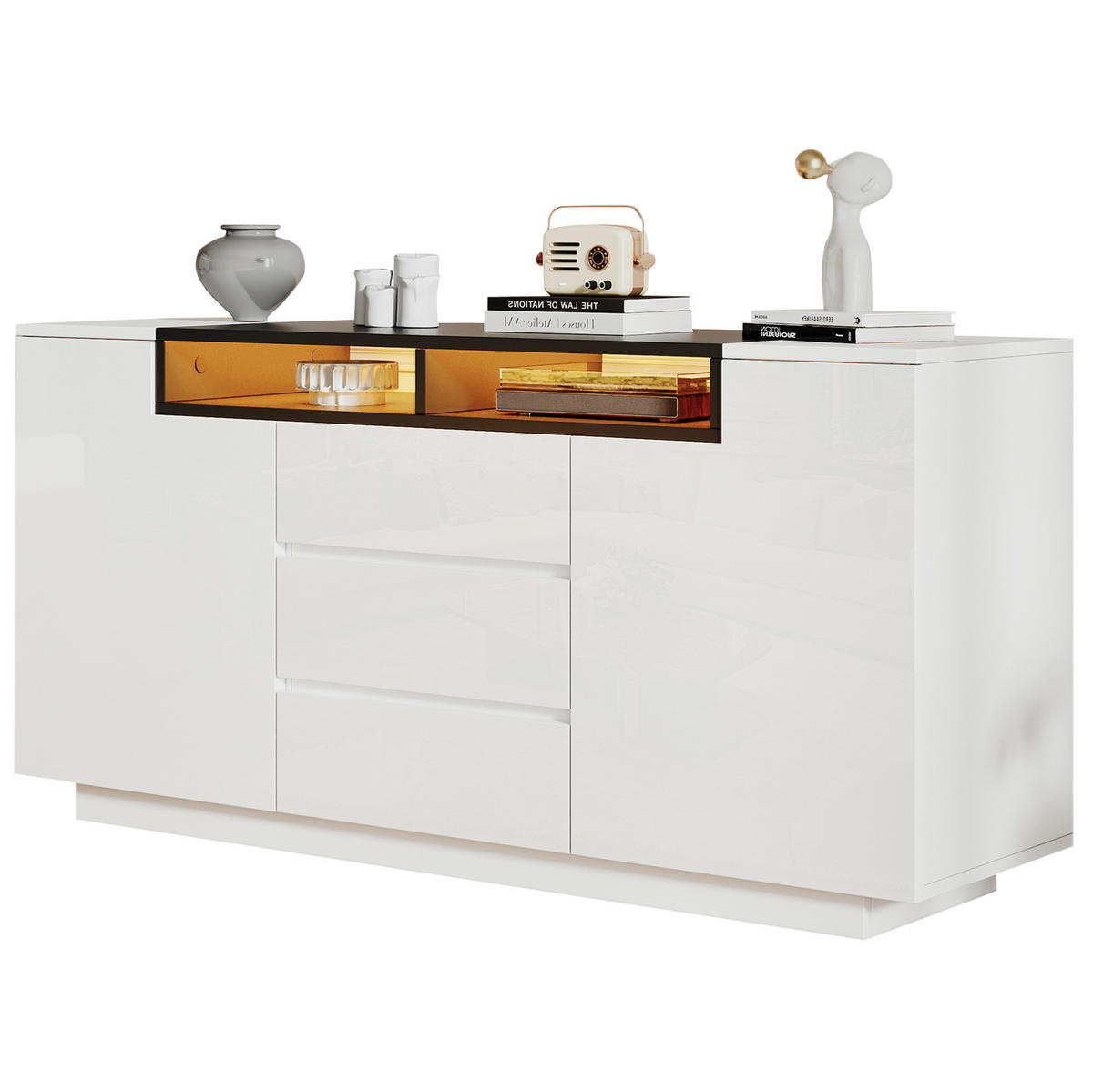 SIDEBOARD 140/40/68 cm in Weiß/Schwarz mit LED-Beleuchtung und 3 Schubladen - Weiß, Holzwerkstoff (140/68/40cm) - Flora Grace