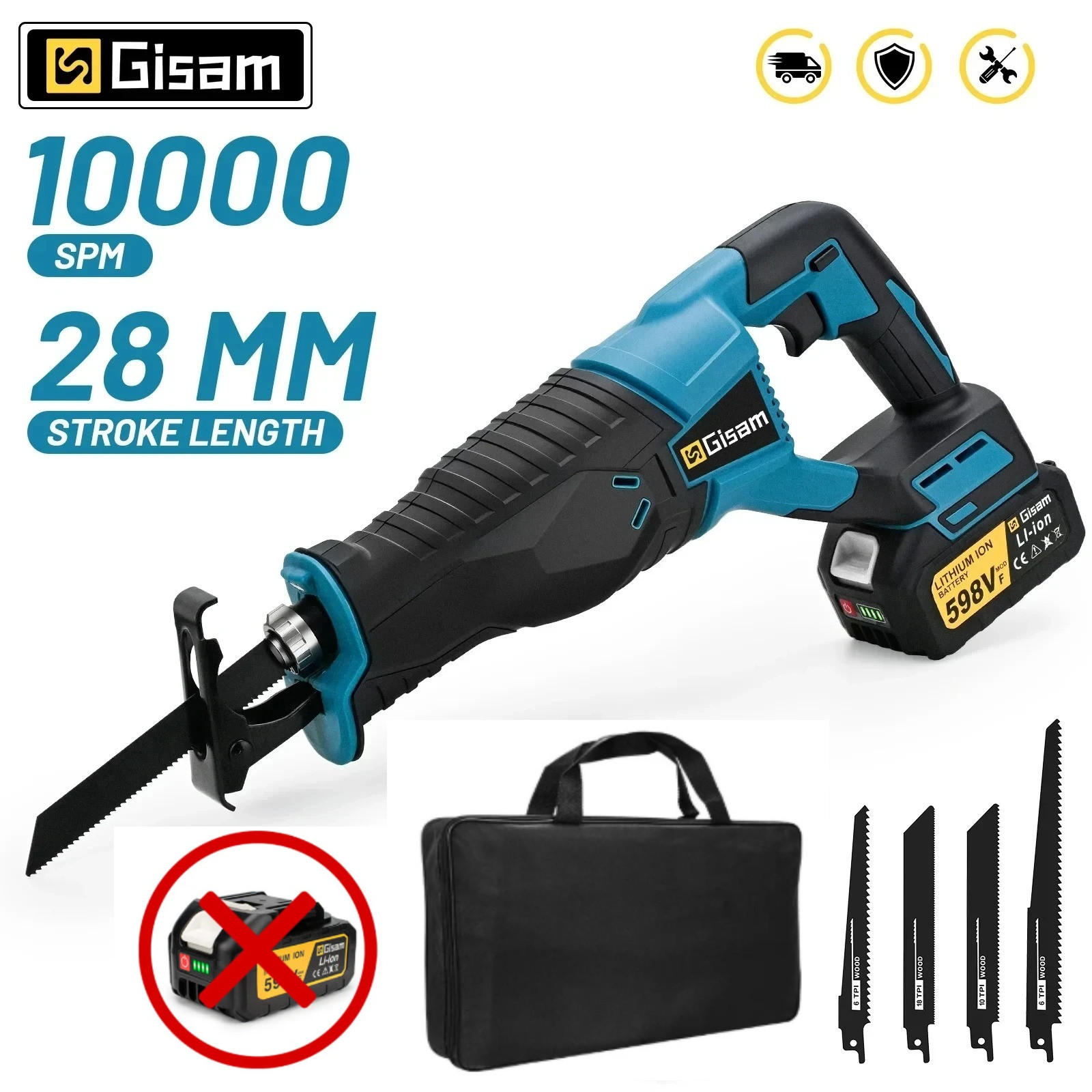 SÄBELSÄGE kabellos 3000W 10000SPM Blau Ohne Akku ohne Stecker - Blau, Metall (15/7/40cm) - Coonoor