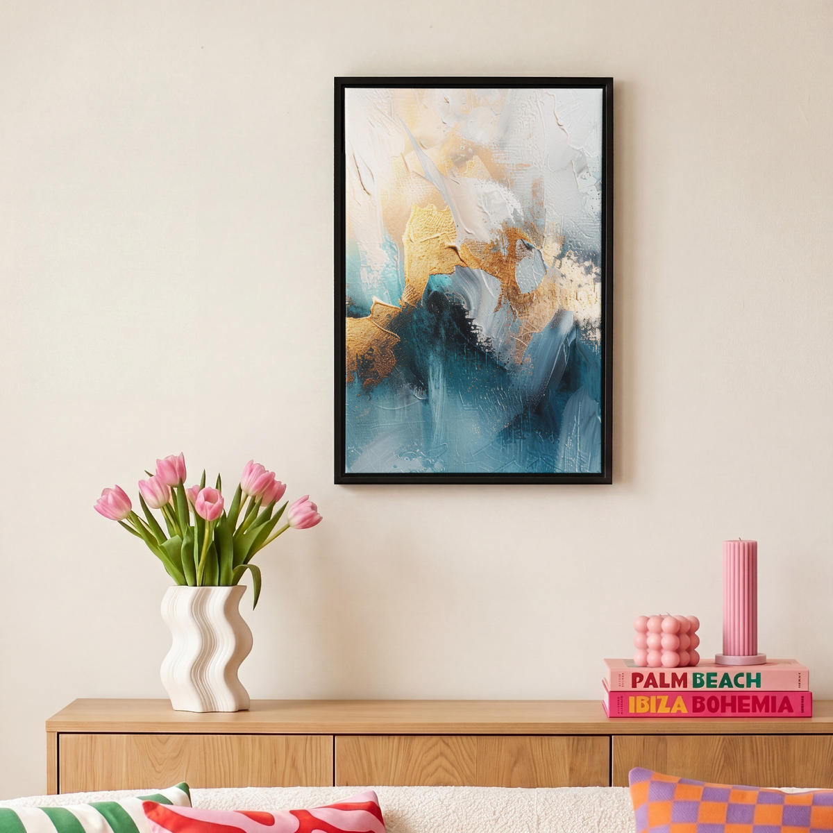 LEINWAND Bilder mit Rahmen - Abstrakt - Kunst - Gold - Blau - 20x30 - Petrol, Textil (20/30cm) - MuchoWow