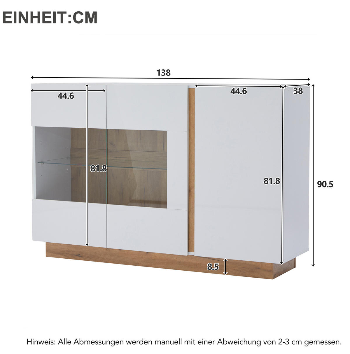 SIDEBOARD 138/38,5/90,5 cm in Weiß Hochglanz mit 3 Türen, Glas & LED - Weiß, Holzwerkstoff (138/90.5/38cm) - BEAOK