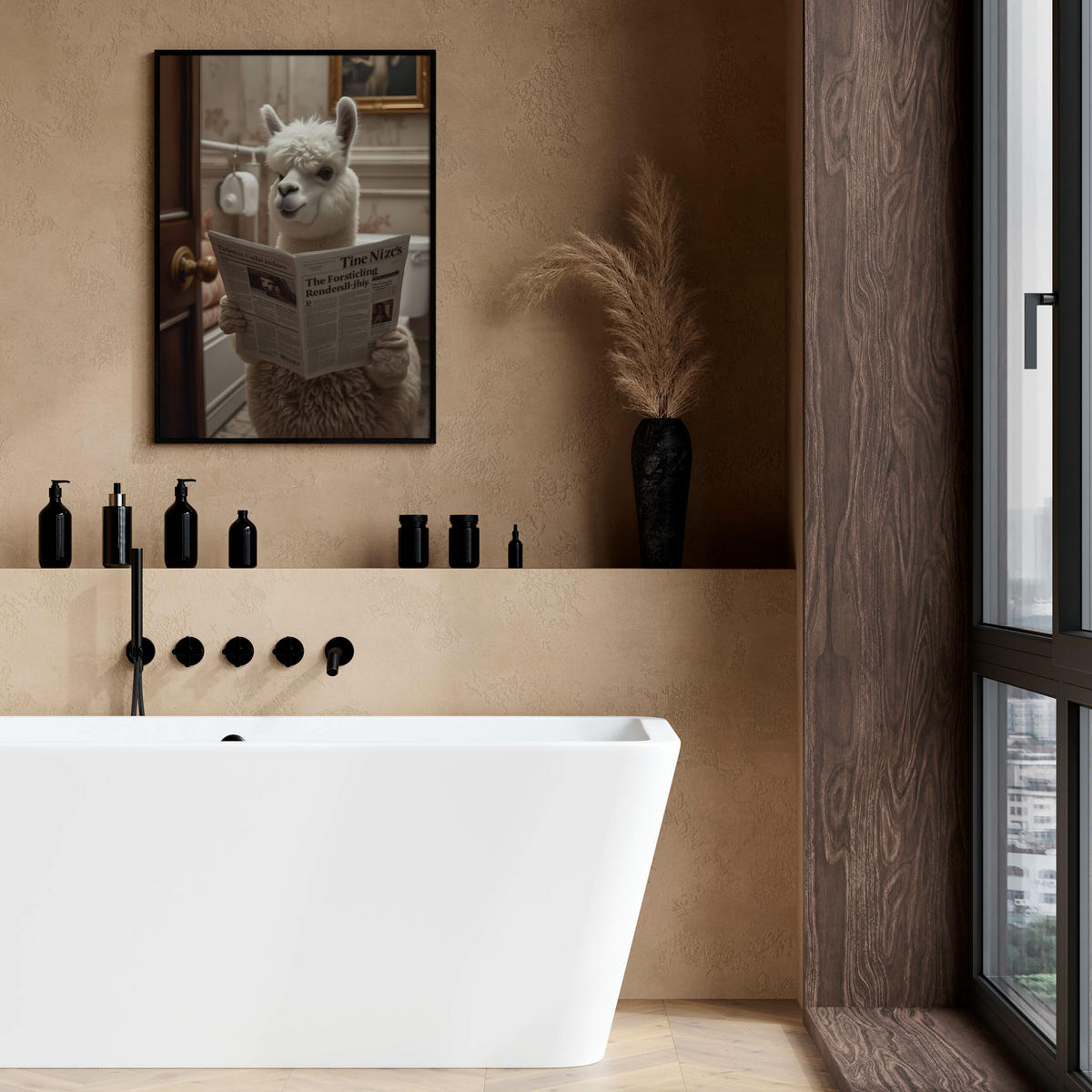 POSTER für WC Badezimmer ALPAKA mit Zeitung auf Toilette Abstraktion 50x70cm - Beige/Schwarz, Papier (50/70/70cm) - Muralo