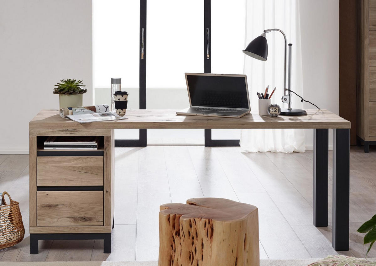 SCHREIBTISCH Wildeiche 220x55x76 bianco geölt VILLANDERS #242 - Beige, Holz (55/220/76cm) - Massivmoebel24