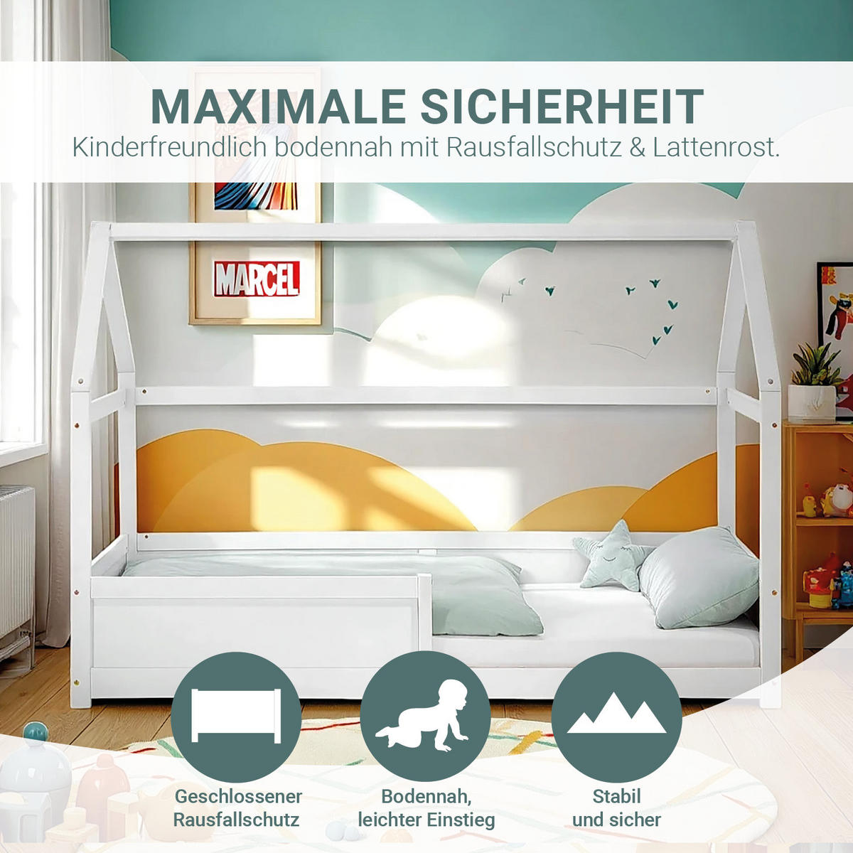 BODENBETT 90/200 cm in Weiß mit Lattenrost - Weiß, Holz (206/141/97cm) - Homestyle4u
