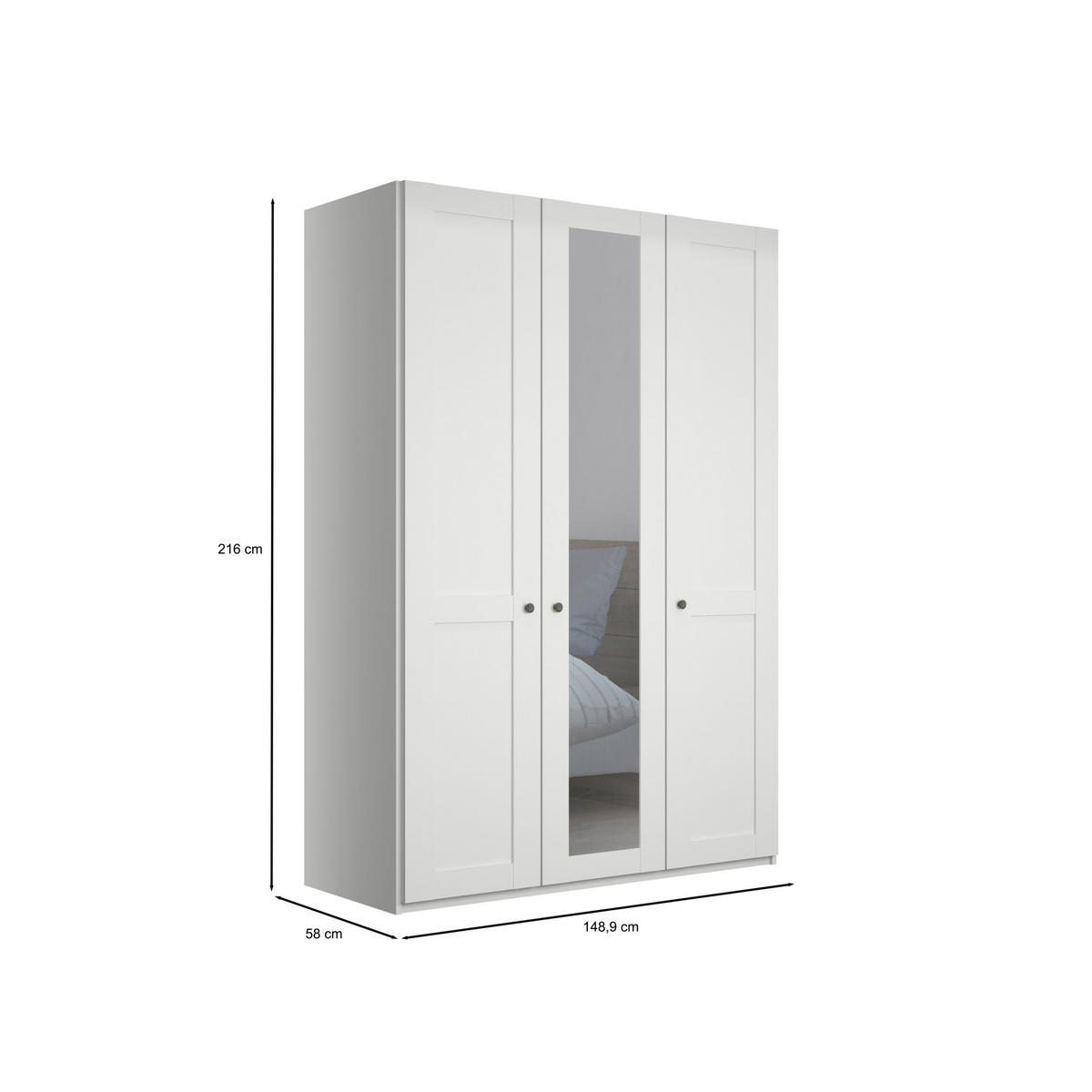 SCHLAFZIMMER Greenholm in Weiß 4 teilig mit Kleiderschrank 150cm Breite mit Spiegel, Doppelbett 180x200cm, zwei Nachttisch - Weiß, Holzwerkstoff (80/200/120cm)