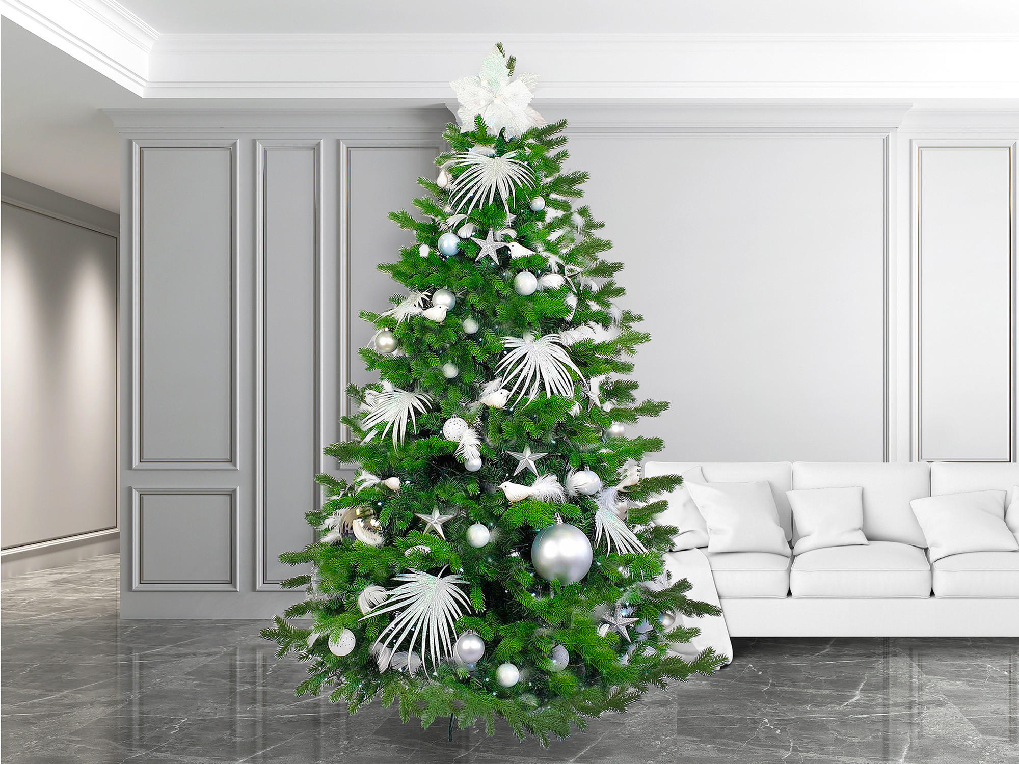 WEIHNACHTSBAUM geschmückt künstlich mit 200 Stk Kugeln POLAR WHITE II 450 cm mit Metallständer - Silberfarben/Weiß, Kunststoff (450cm) - LAALU