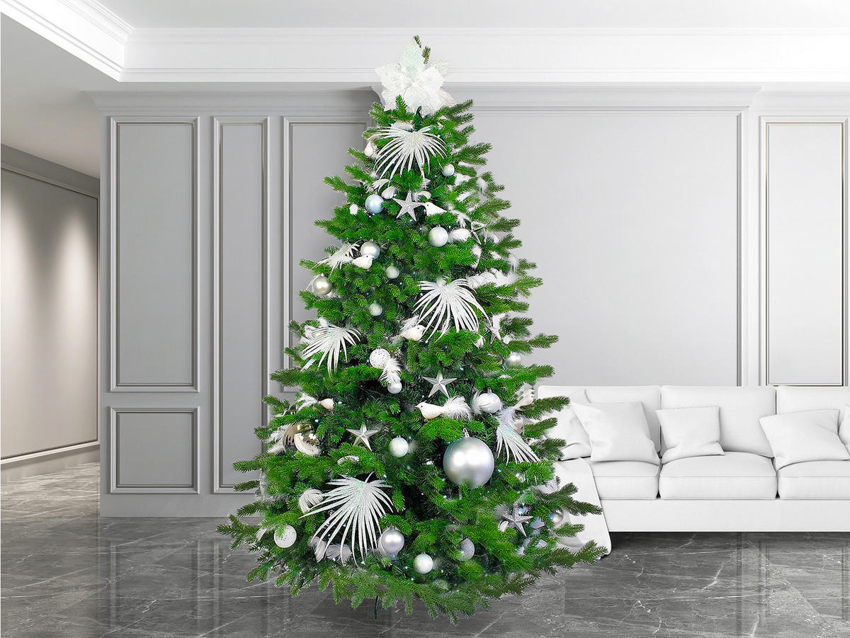 WEIHNACHTSBAUM geschmückt künstlich mit 200 Stk Kugeln POLAR WHITE II 360 cm mit Metallständer - Silberfarben/Weiß, Kunststoff (360cm) - LAALU