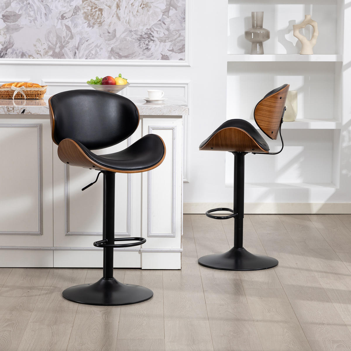 BARHOCKER 2er-Set drehbar, höhenverstellbar mit PU-Sitz, Schwarz - Schwarz, Kunststoff (51/93/50cm)