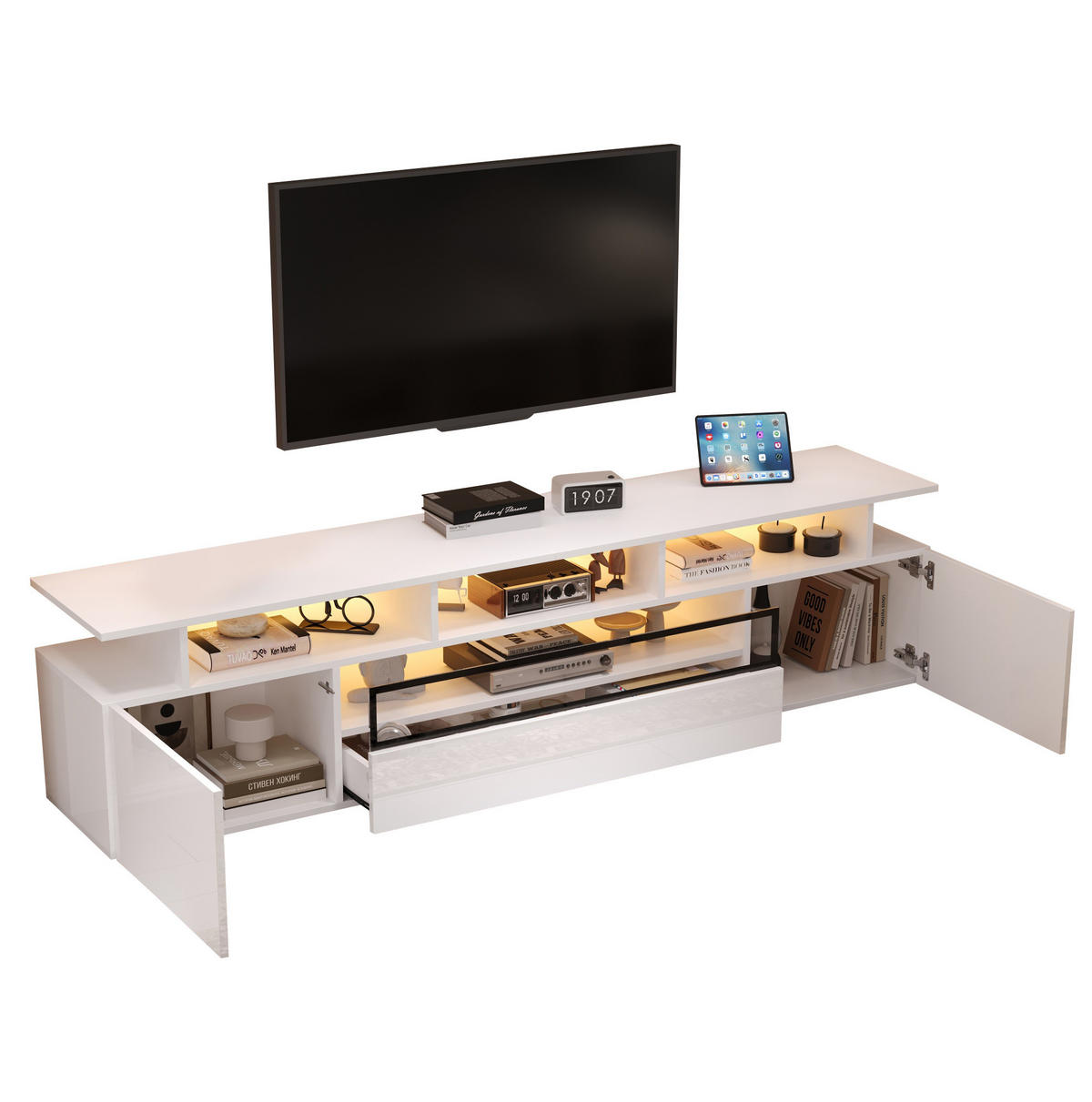 TV-LOWBOARD aus Spanplatte 180x38x45 cm Weiß mit LED-Beleuchtung, 2 Schränken und 1 Schublade - Weiß, Holzwerkstoff (180/45/38cm) - IVMEU