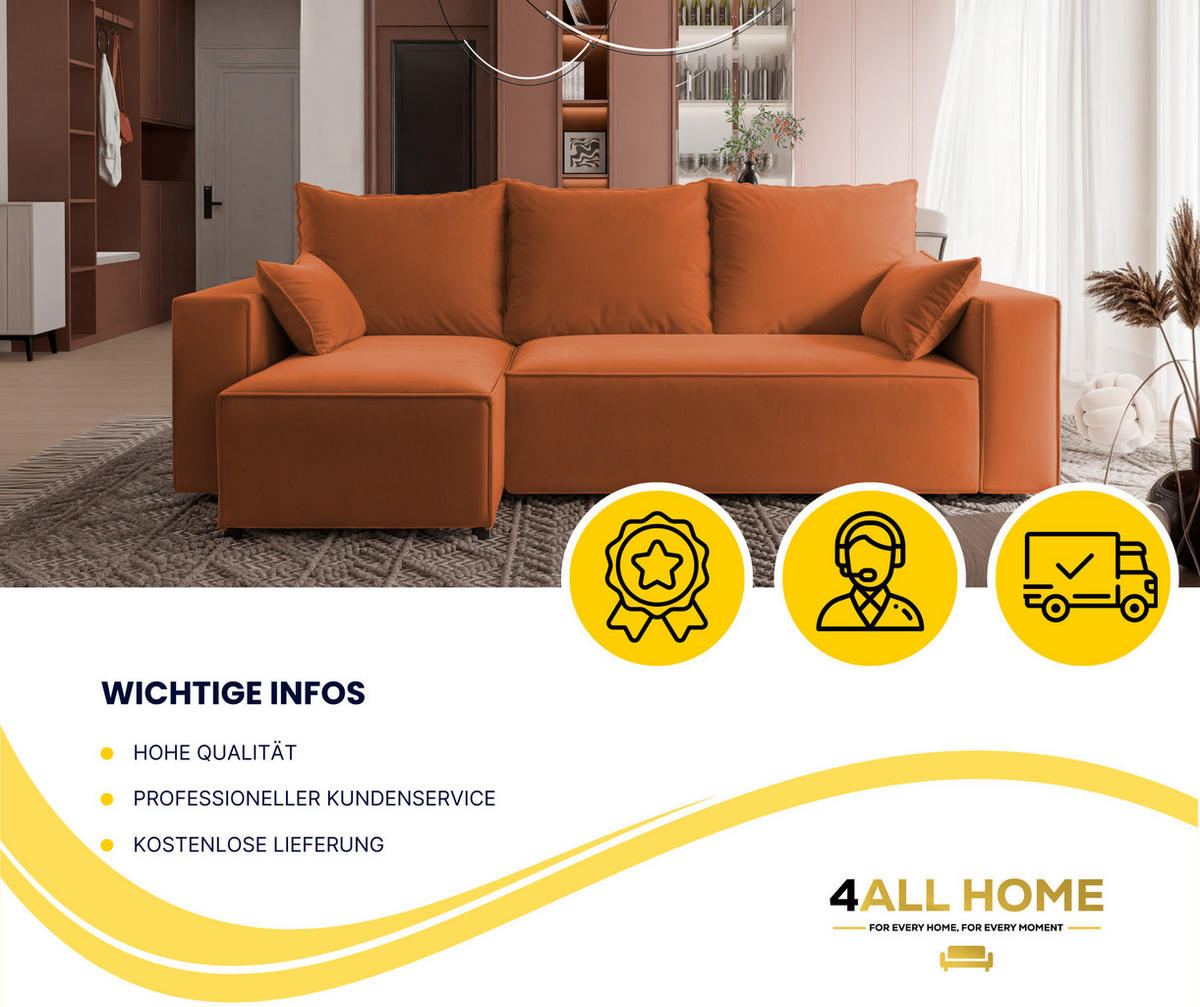 ECKSOFA Tobi mit Bettkasten und Schlaffunktion, L-Form, Velourstoff, Universal - Rostfarben, Holzwerkstoff (246/145cm) - 4ALL HOME
