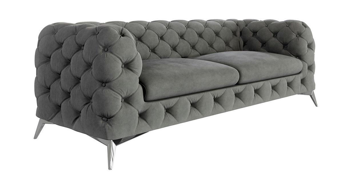 CHESTERFIELD-SOFA 3-Sitzer Laura Grau Samt - Silberfarben/Grau, Holz/Textil (225/75/100cm) - S-Style Möbel