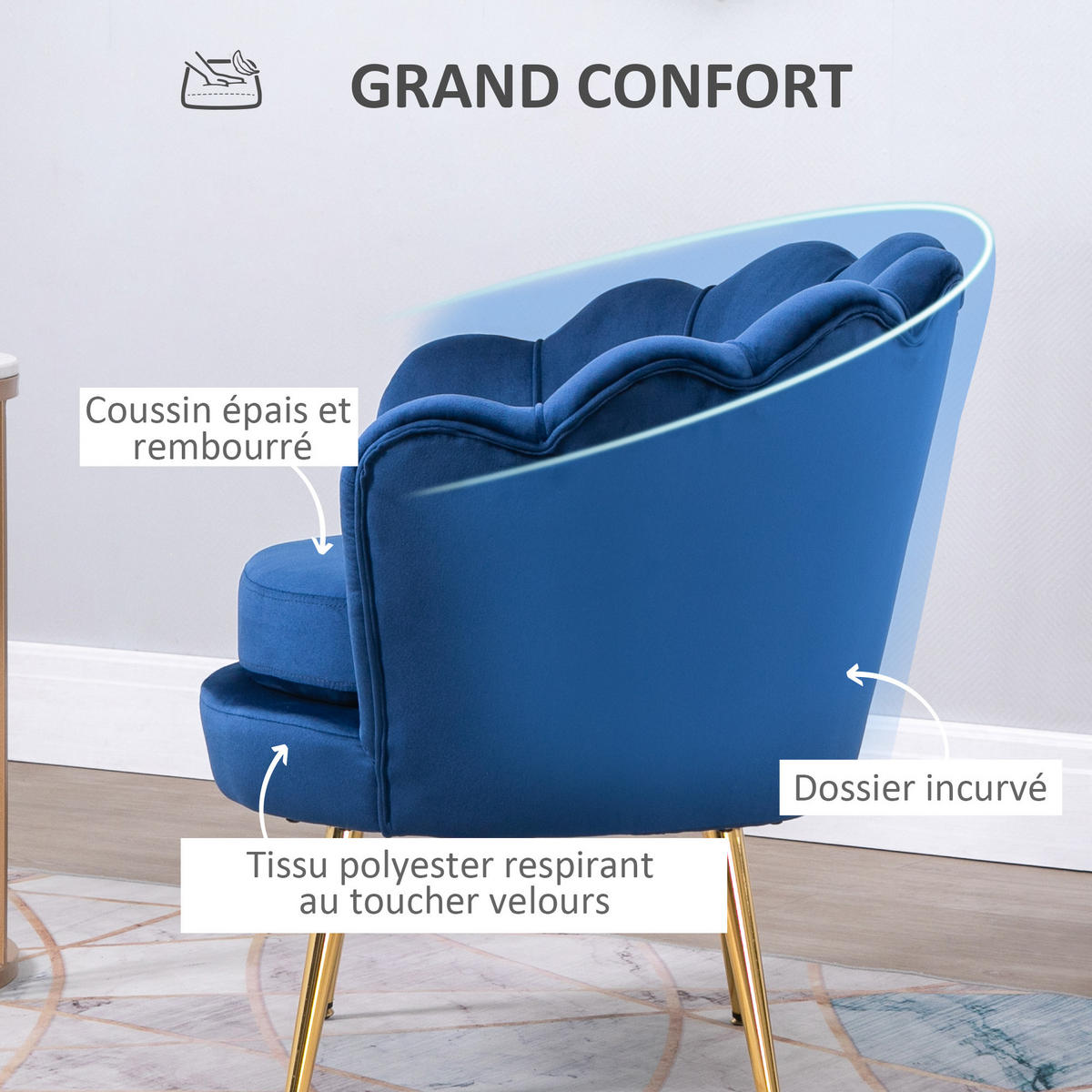 SESSEL DE-13412 Muschelform & goldene Metallfüße Blau - Blau, Textil (67/74/76cm) - ComfortXL