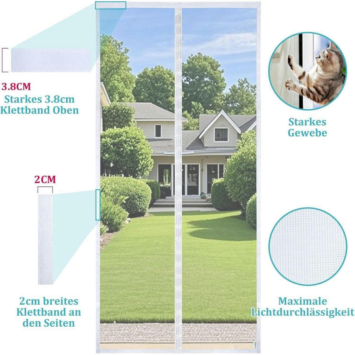 FLIEGENGITTER Tür mit stärkeren Magneten und breitem Klettband, weiß - Weiß, Textil (90/210/1cm)