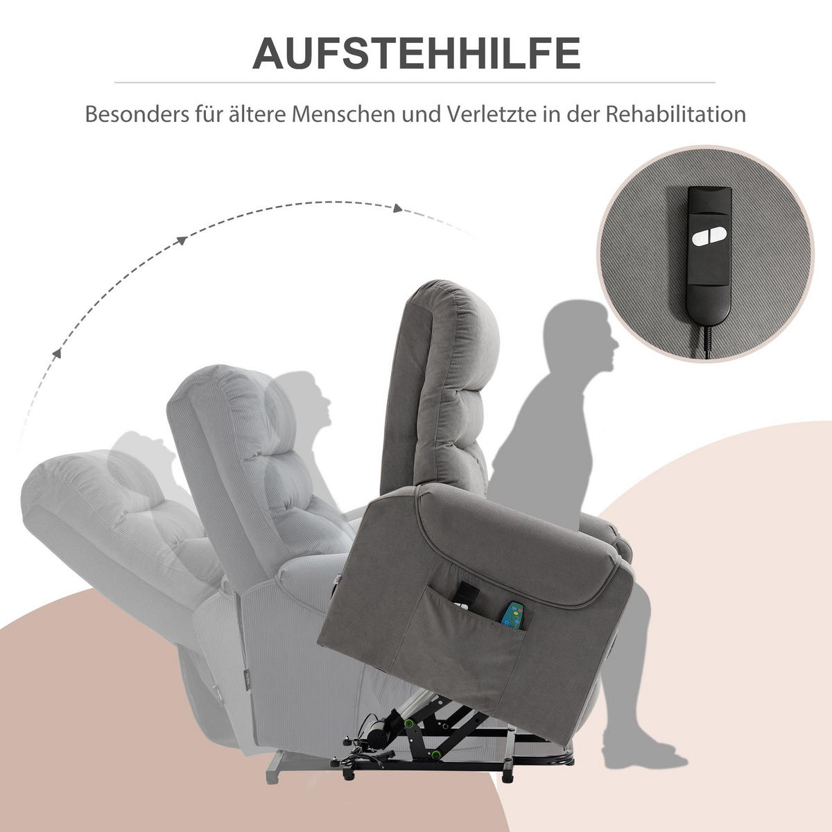 FERNSEHSESSEL, Seitentasche, Aufstehhilfe, Massage, Liegefunktion, Polyester-Gewebe, Dunkelgrau - Multicolor, Holzwerkstoff (83/110/93cm) - FORIOUS