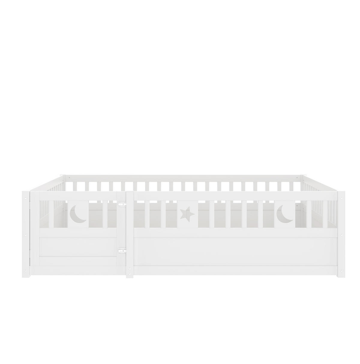 KINDERBETT 140/190 cm mit Sicherheitsgitter, Zauntür mit Schloss und Stern-Mond-Dekor, Kiefern , Weiß - Weiß, Holzwerkstoff (140/190cm) - Redom