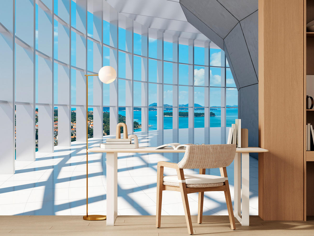 FOTOTAPETE für Wohnzimmer Räumlicher Tunnel mit Meerblick 500x350 - Blau/Beige, Papier (500/350cm) - Muralo