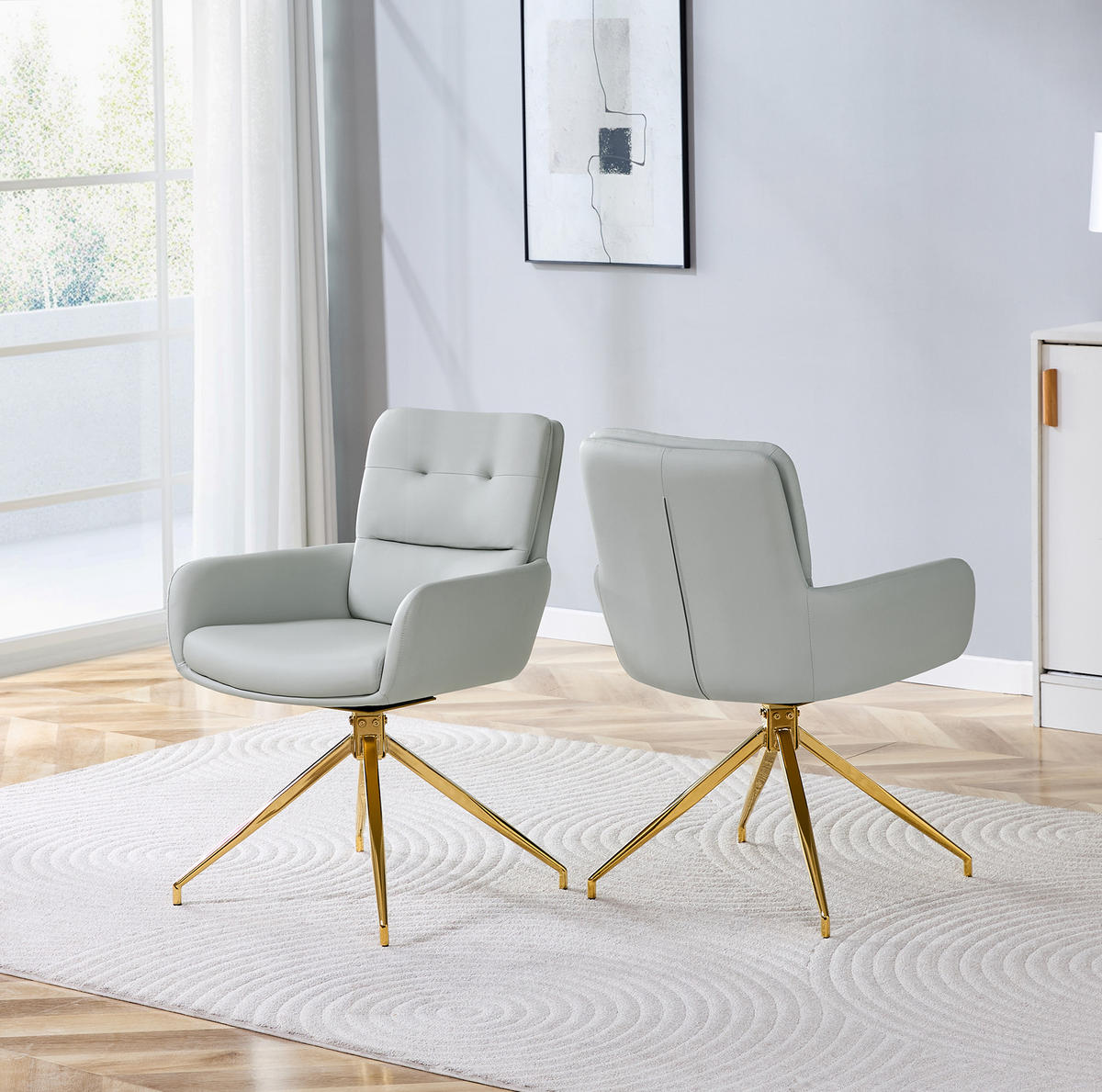 DREHSTUHL 2er-Set 360° drehbar Höhe 85 cm PU Hellgrau Goldfarben - Hellgrau, Metall (50/85/55cm) - Meubliv