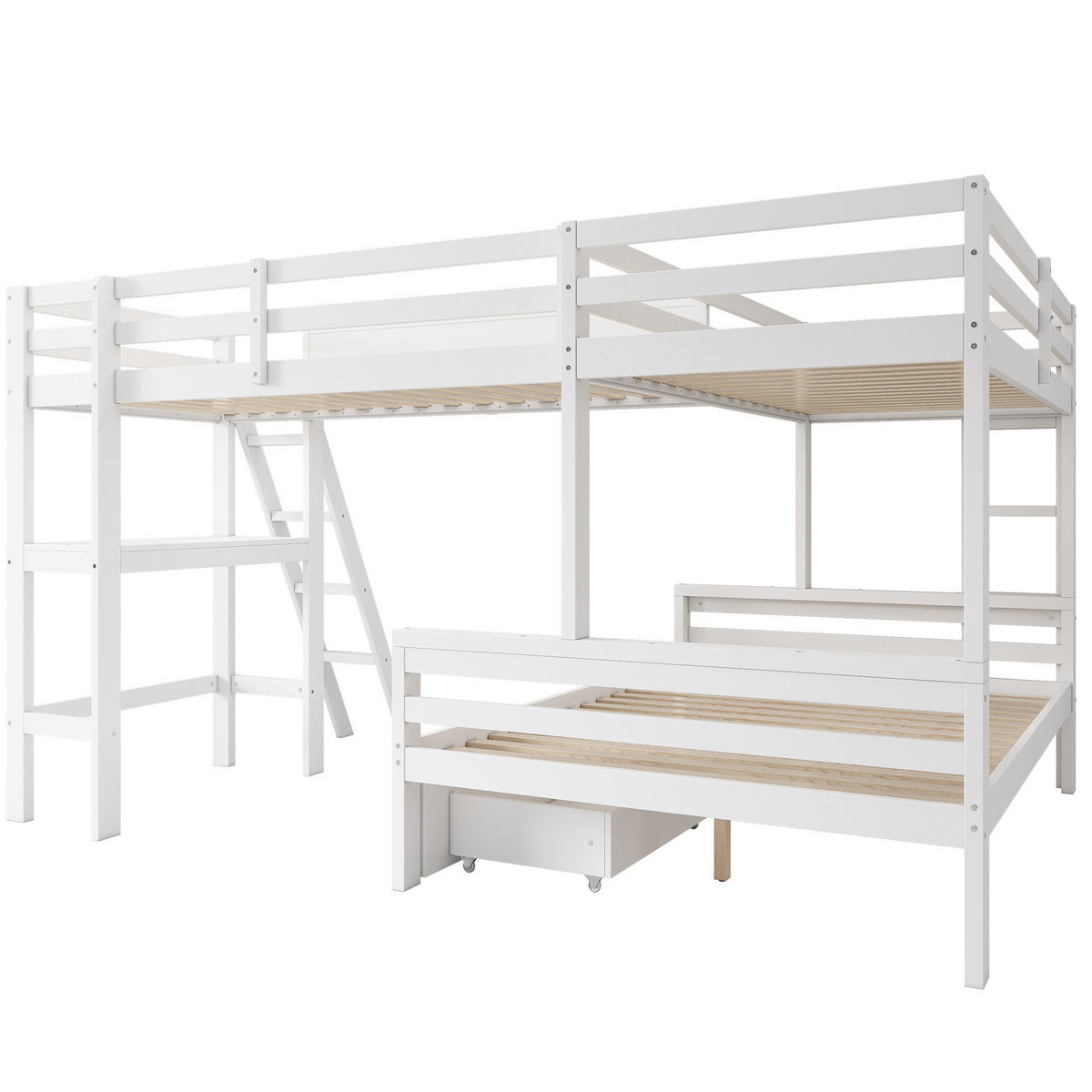 KINDERHOCHBETT 140/200 cm mit 2x 90/200 cm, Schreibtisch, Schubladen und Treppe aus Massivholz, Weiß/Eiche - Weiß, Holz (140/200cm) - Redom