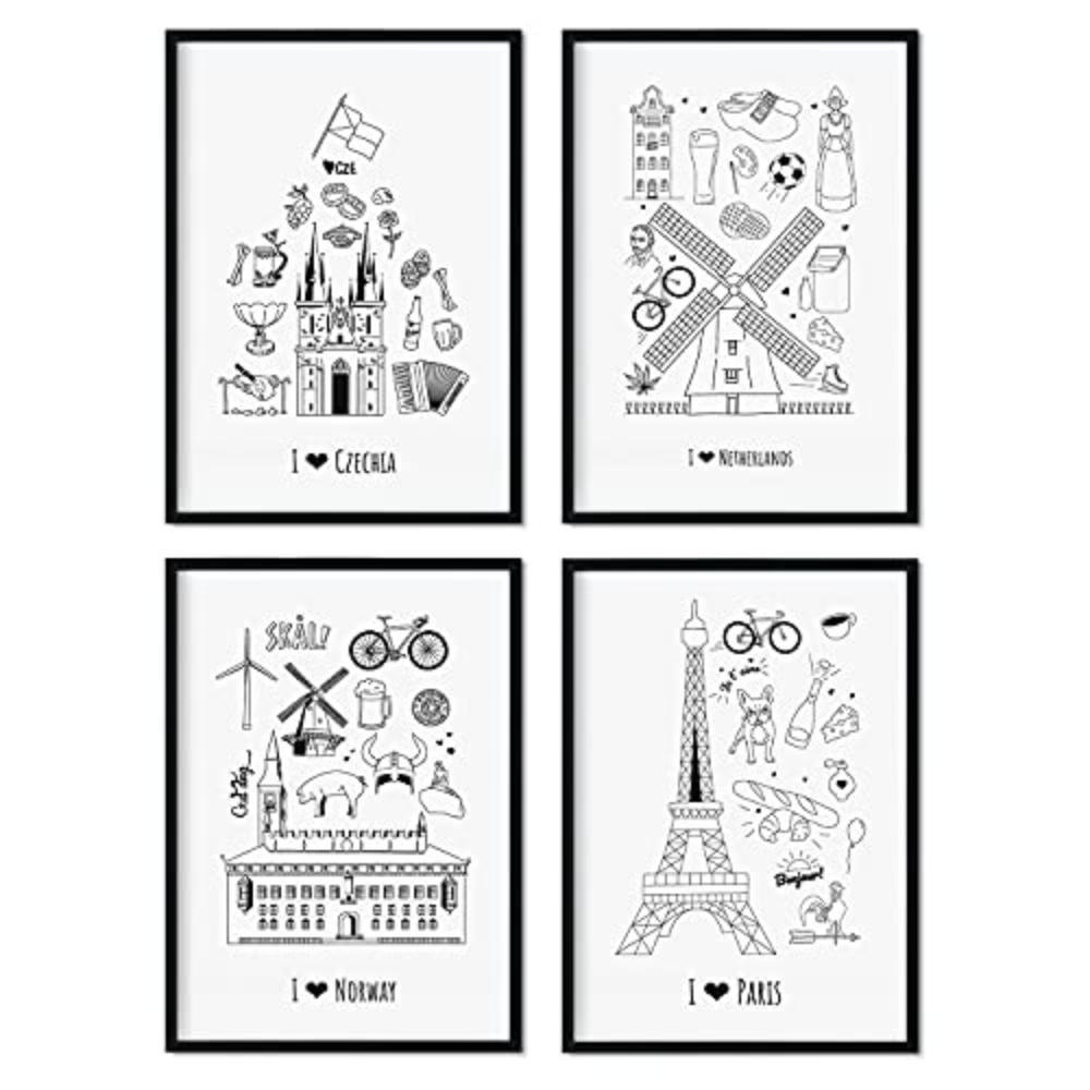 POSTER Set mit 4 Blättern Europa 2 A3 Schwarzer Rahmen - Schwarz, Papier (29.7/3cm) - Nacnic