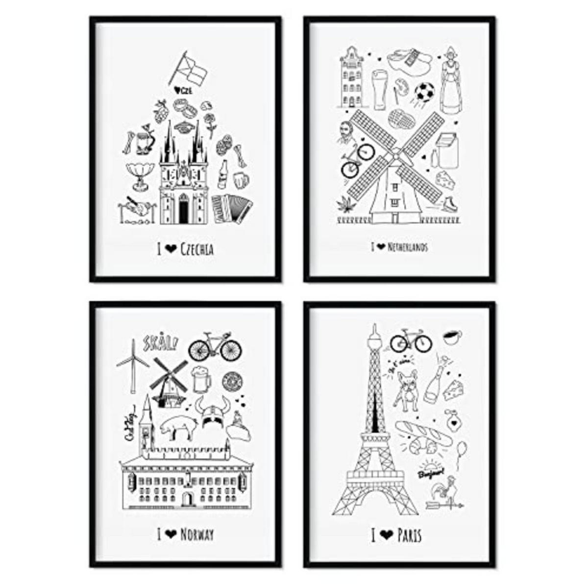 POSTER Set mit 4 Blättern Europa 2 A3 Schwarzer Rahmen - Schwarz, Papier (29.7/3cm) - Nacnic