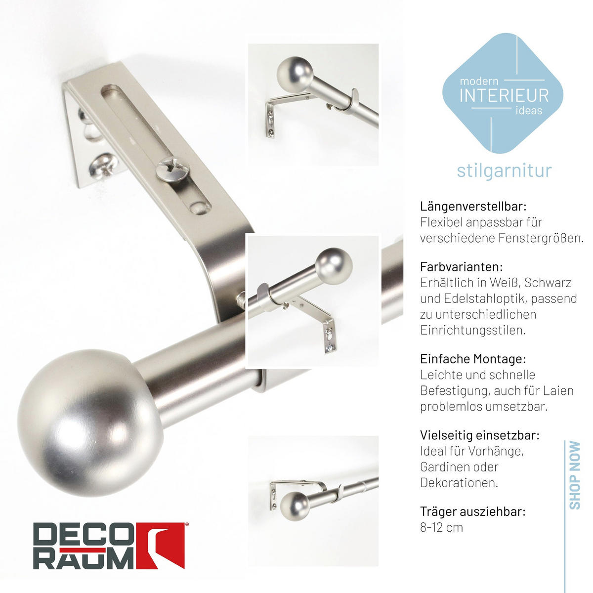 GARDINENSTANGE ausziehbar 120-210cm 1-Lauf Flexa Kugel - Silberfarben, Metall (120cm) - Deco-Raum