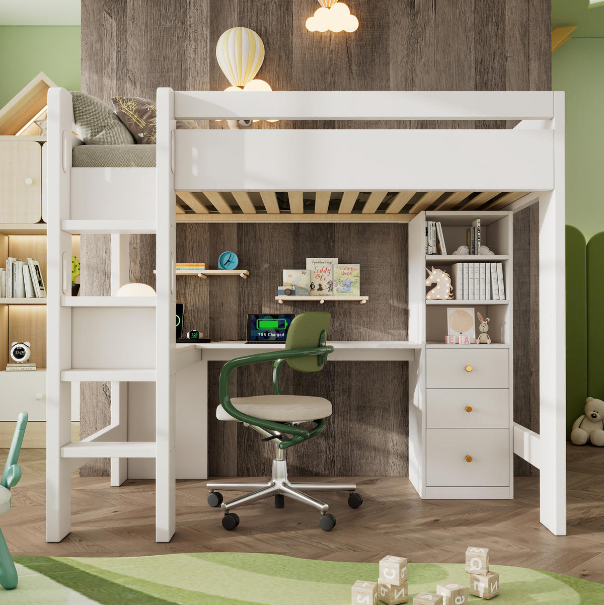 HOCHBETT 90/200 cm mit L-Schreibtisch, Regalen, Schubladen und USB/Type-C-Ladebereich, Weiß - Weiß, Holzwerkstoff (90/200cm) - Redom