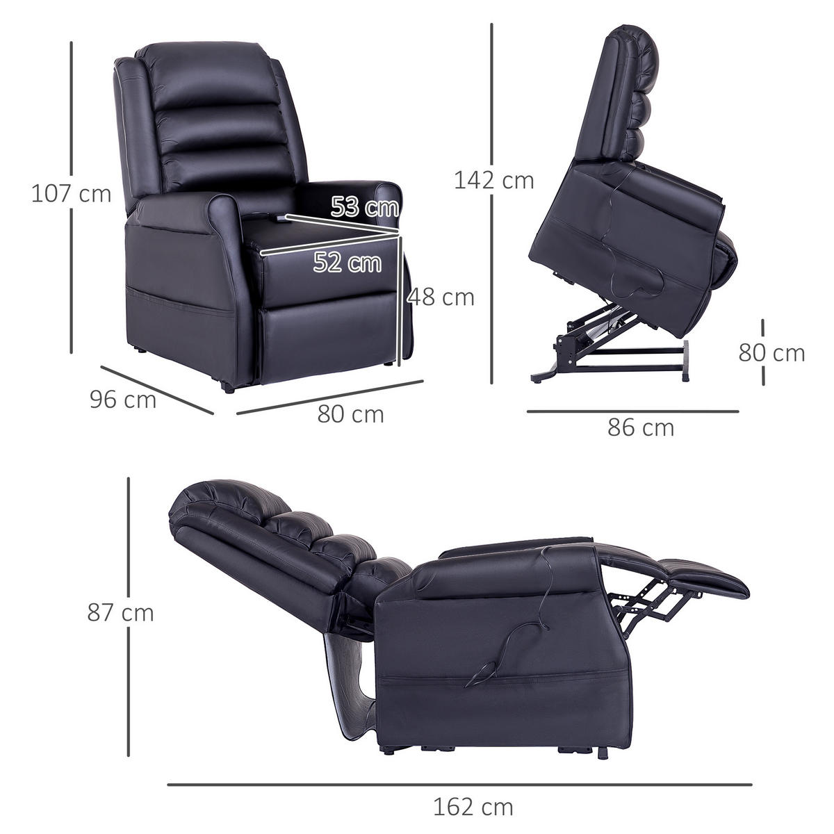MASSAGESESSEL mit Aufstehhilfe, inkl. Fernbedienung, Schwarz - Schwarz, Kunststoff (96/107/80cm) - HOMCOM