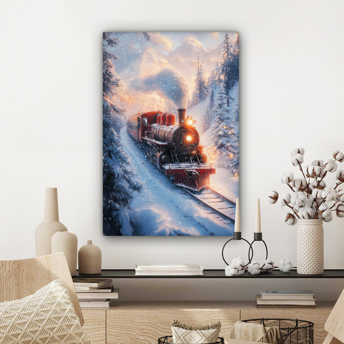 LEINWANDBILD Weihnachtszug - Schnee - Winter - Weihnachten Wanddeko Schlafzimmer 60x90 cm - Dunkelrot, Textil (60/90cm) - MuchoWow