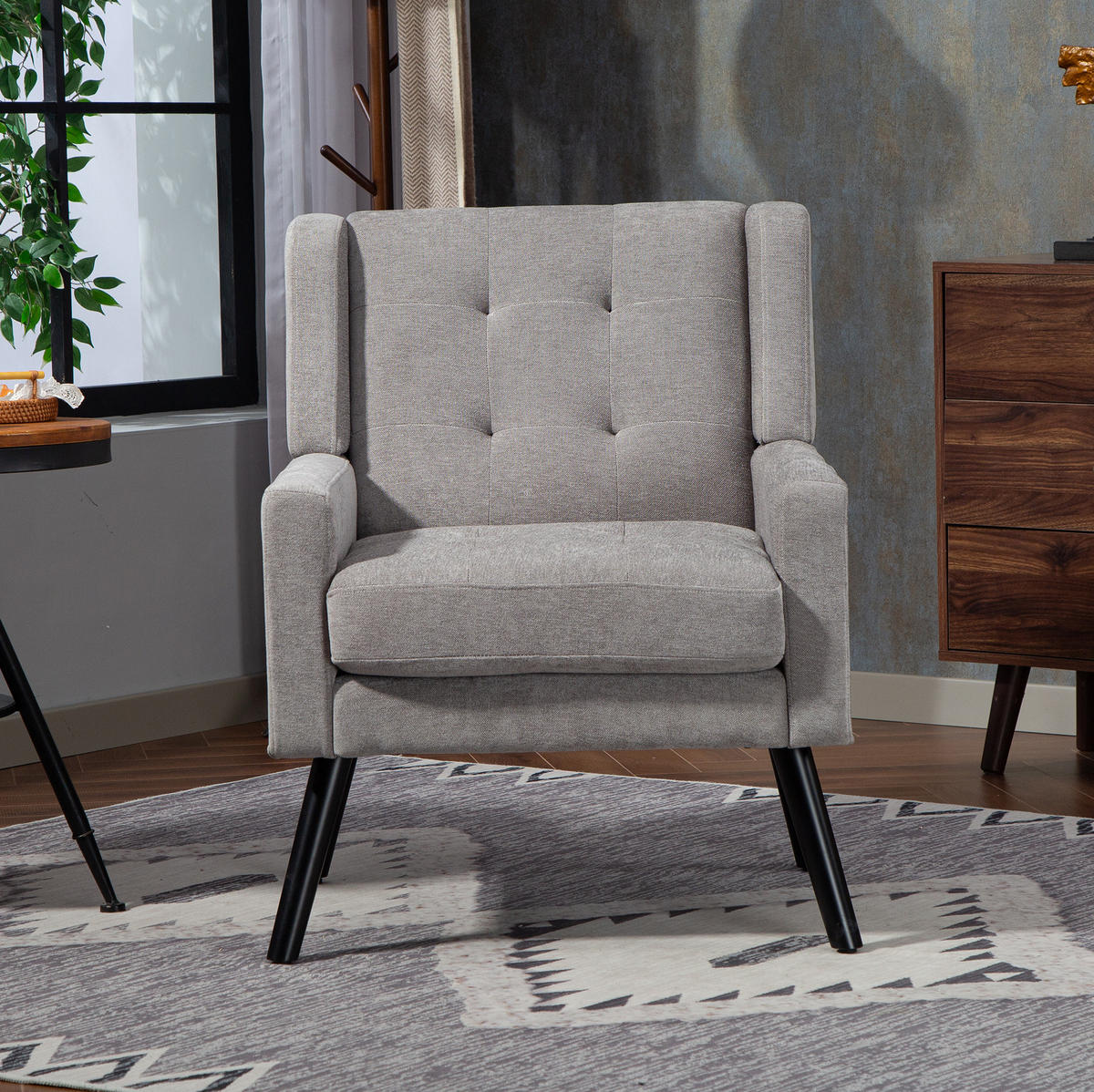 SESSEL 76/68/88 cm hellgrau aus Leinen und Massivholz mit Tufting und ergonomischer Polsterung - Hellgrau, Textil (76/88/68cm) - OKWISH