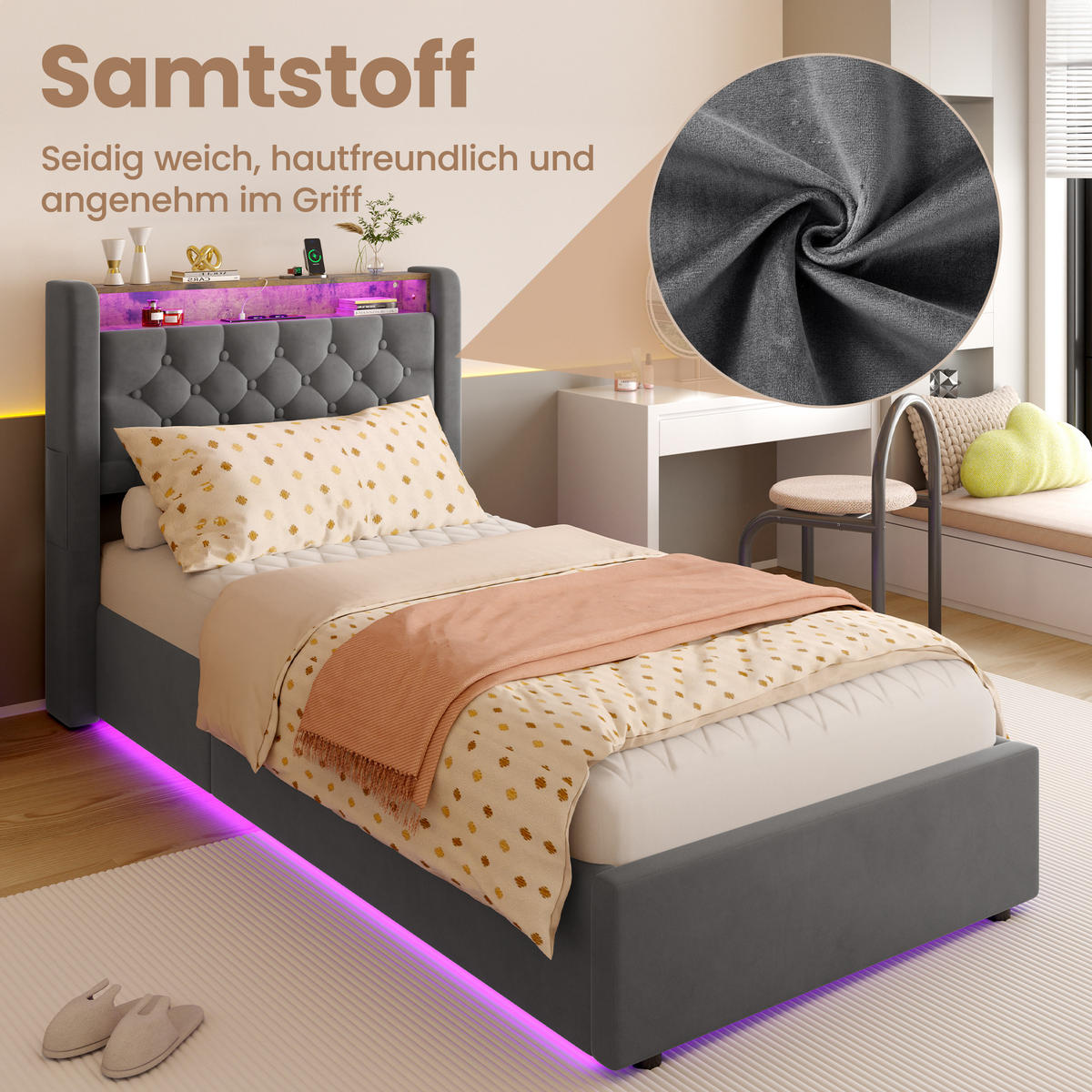 POLSTERBETT 90/200 cm in Grau mit schlichtem Design - Grau, Textil (90/200cm) - OKMYHOME