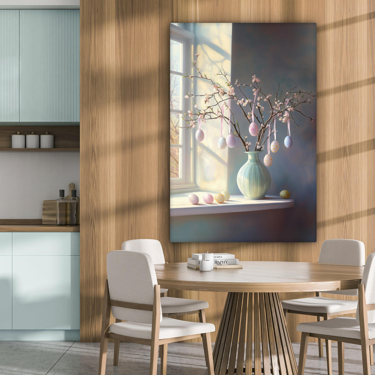 LEINWANDBILD Stillleben - Vase - Osterzweig Deko Groß 90x140 cm - Hellblau, Textil (90/140cm) - MuchoWow