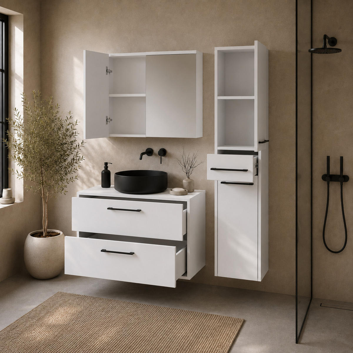 BADMÖBEL-SET Florence 3 Teile Hochglanz Weiß - 80 x 46 x 46 cm - Weiß, Holz (80/46/46cm) - Badplaats