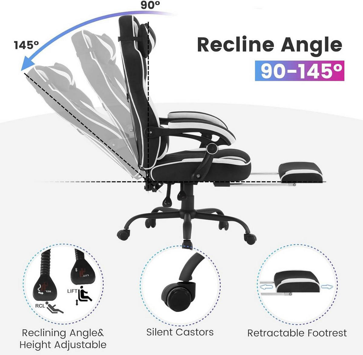 GAMINGSTUHL Leathaire-Stoff, Schwarz+Weiß - Schwarz/Weiß, Kunststoff/Textil (70/120/70cm) - Woltu