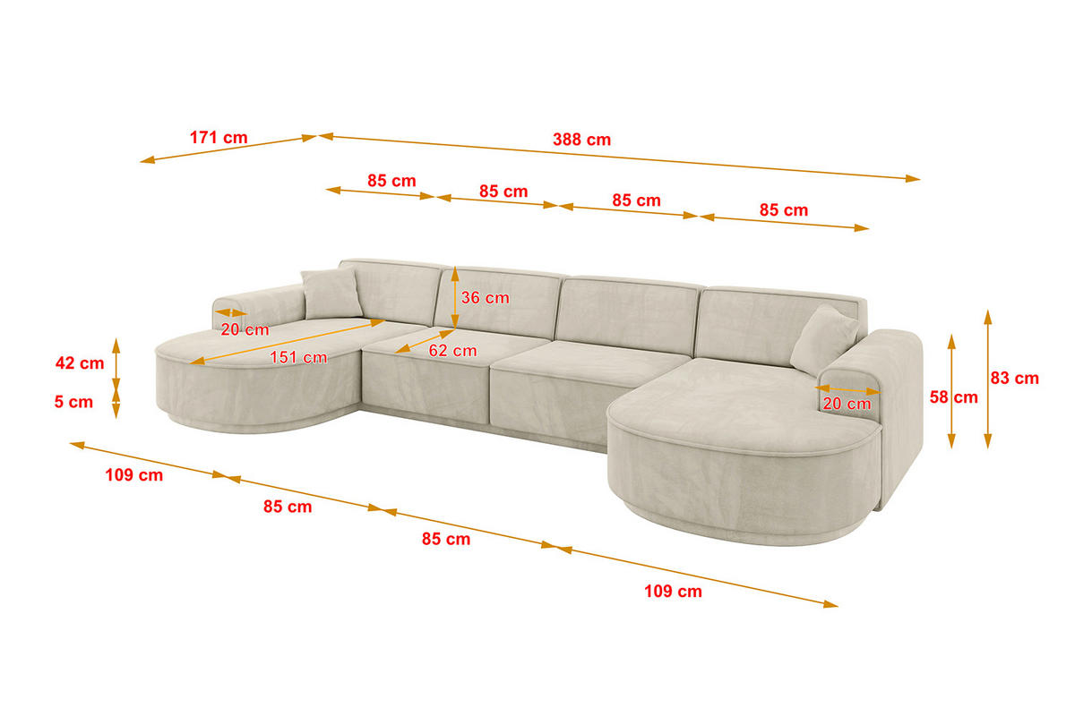 WOHNLANDSCHAFT MARI-U2-v3 - 388x171x83 cm Ecru Velours - Ecru/Schwarz, Holzwerkstoff/Kunststoff (388/83/171cm) - ALTDECOR