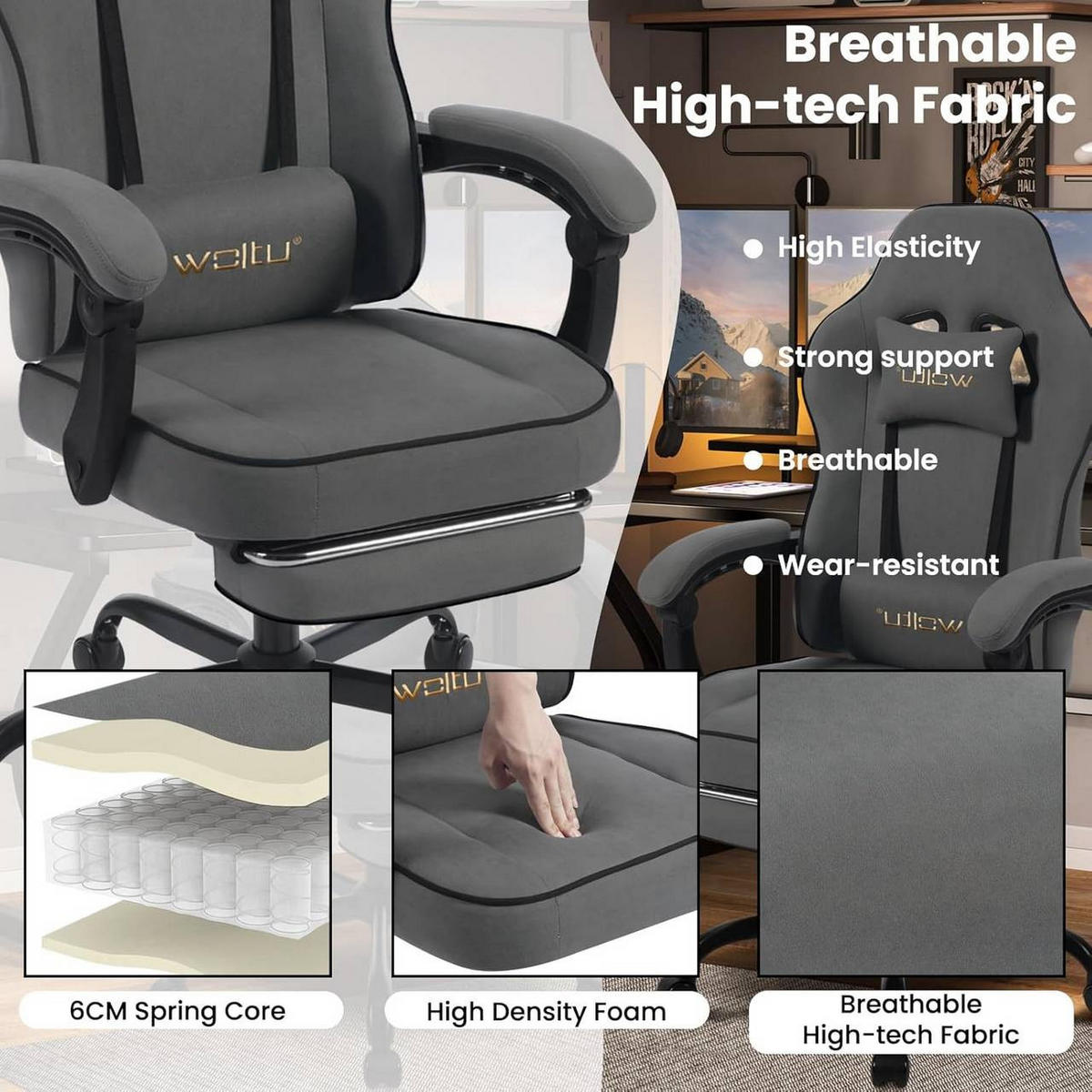 GAMINGSTUHL Drehstuhl, Tech-Stoff, Grau - Schwarz/Grau, Kunststoff/Textil (63.5/117.5/60cm) - Woltu
