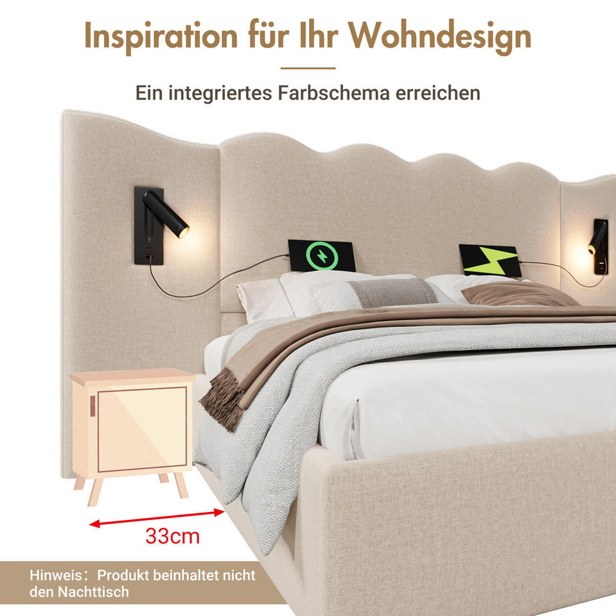 POLSTERBETT 160x200cm Doppelbett Leselampe USB-C Stauraum Beige Leinen - Beige, Holz - FLIEKS