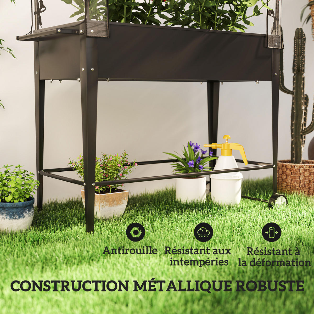 HOCHBEET DE-16020 mit PVC-Abdeckung & Rollen Schwarz - Schwarz, Metall (100/152/45cm) - ComfortXL
