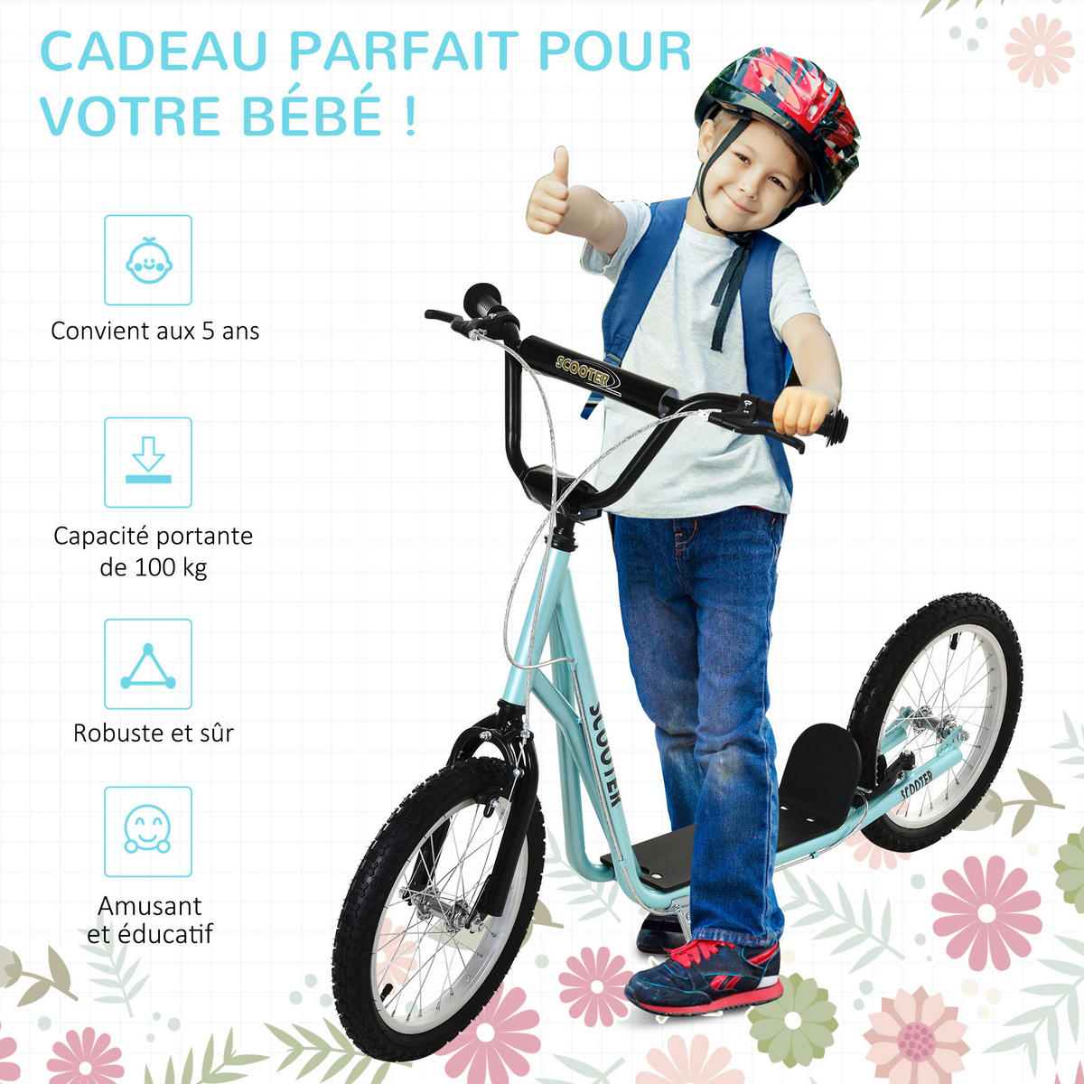 KINDERSCOOTER DE-16922 Große Gummireifen & Stahlrahmen Blau - Blau, Metall (139/58/96cm) - ComfortXL