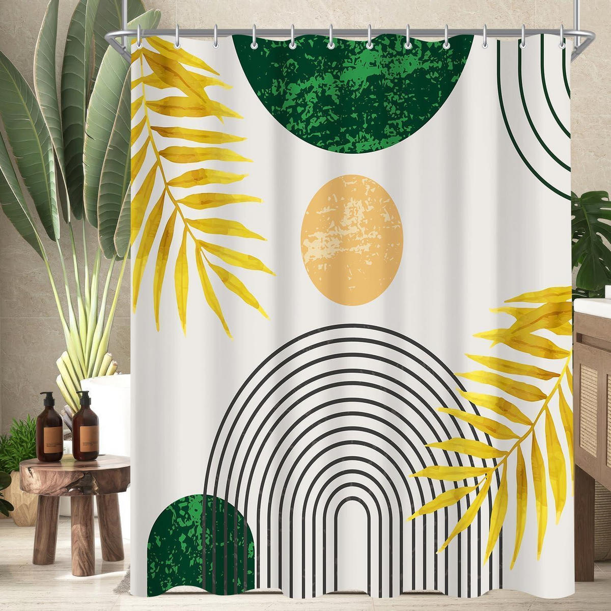 DUSCHVORHANG Dunkelgrün Blätter Linie 180 x 200 cm - Multicolor, Textil (180/200cm)