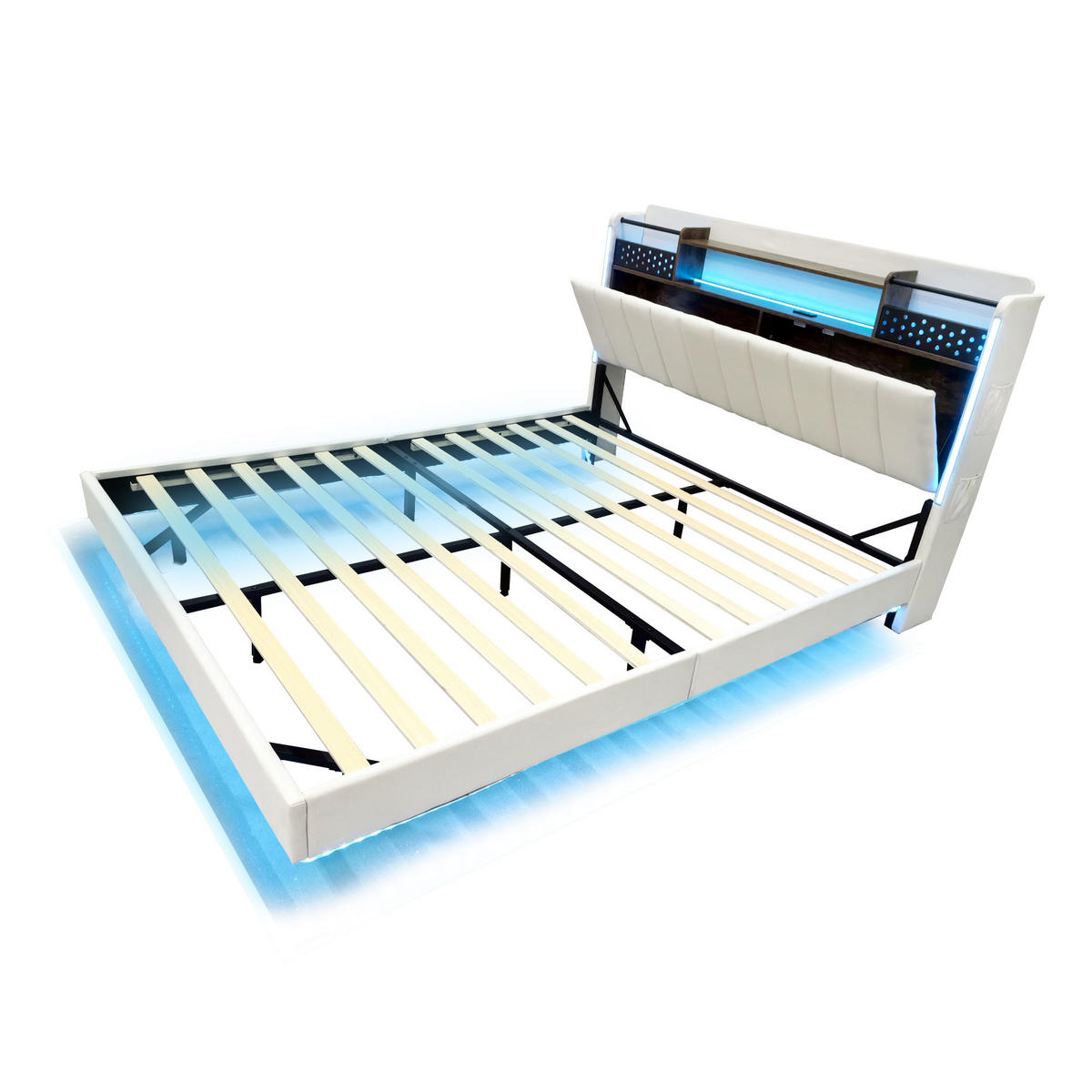 POLSTERBETT 160/200 cm beige aus Leinenstoff mit LED und USB-Anschluss mit Stauraum - Beige, Textil (160/200cm) - OKWISH