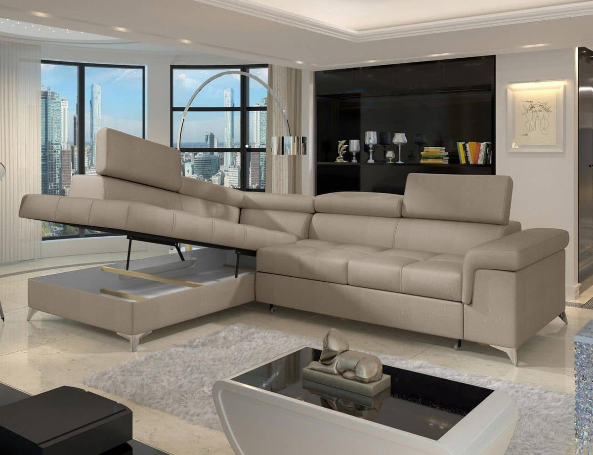 ECKSOFA mit Schlaffunktion und Bettkasten, pflegeleichter Monolith-Stoff - Chromfarben/Braun, Textil/Metall (275/202cm) - Eltap