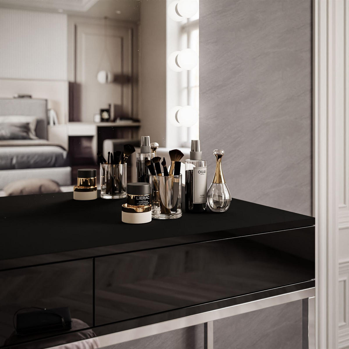 SCHMINKTISCH BLANCO GLAMOUR ELITE mit Spiegel und Beleuchtung Schwarz Hochglanz PUSH OPEN - Schwarz Hochglanz/Silberfarben, Holzwerkstoff (100/146/42cm) - Lookway