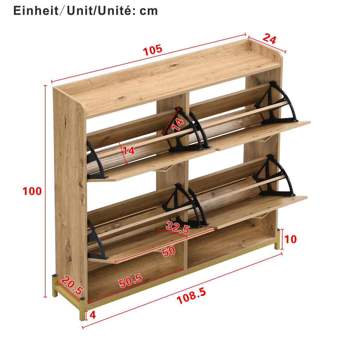 SCHUHSCHRANK mit 4 Klappen 108,5/24/100 cm in Holzoptik, platzsparend - Naturfarben, Holzwerkstoff (108.5/100/24cm) - BEAOK