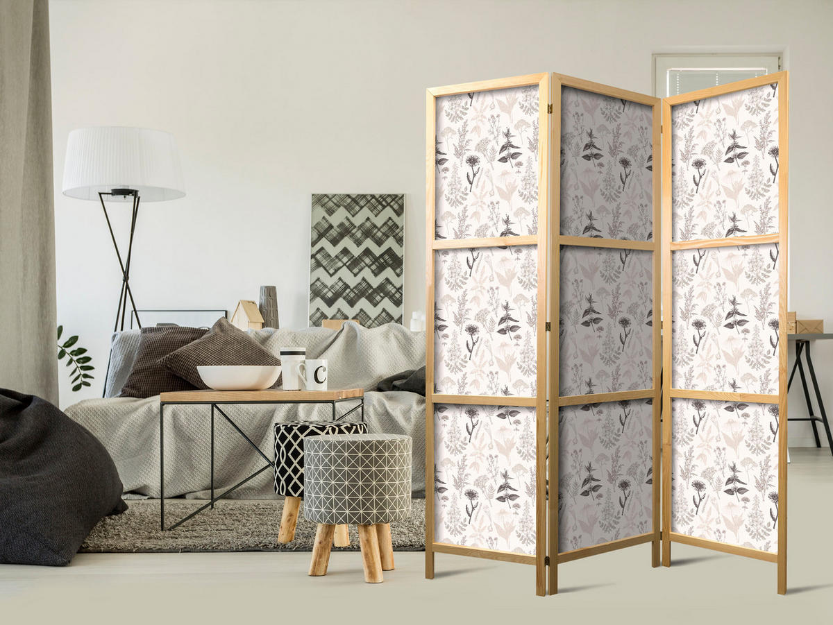 PARAVENT Japanischer 3-tlg 135x172 cm Kr uter Und Blumen - Beige, Holz/Textil (135/172/3cm) - Muralo