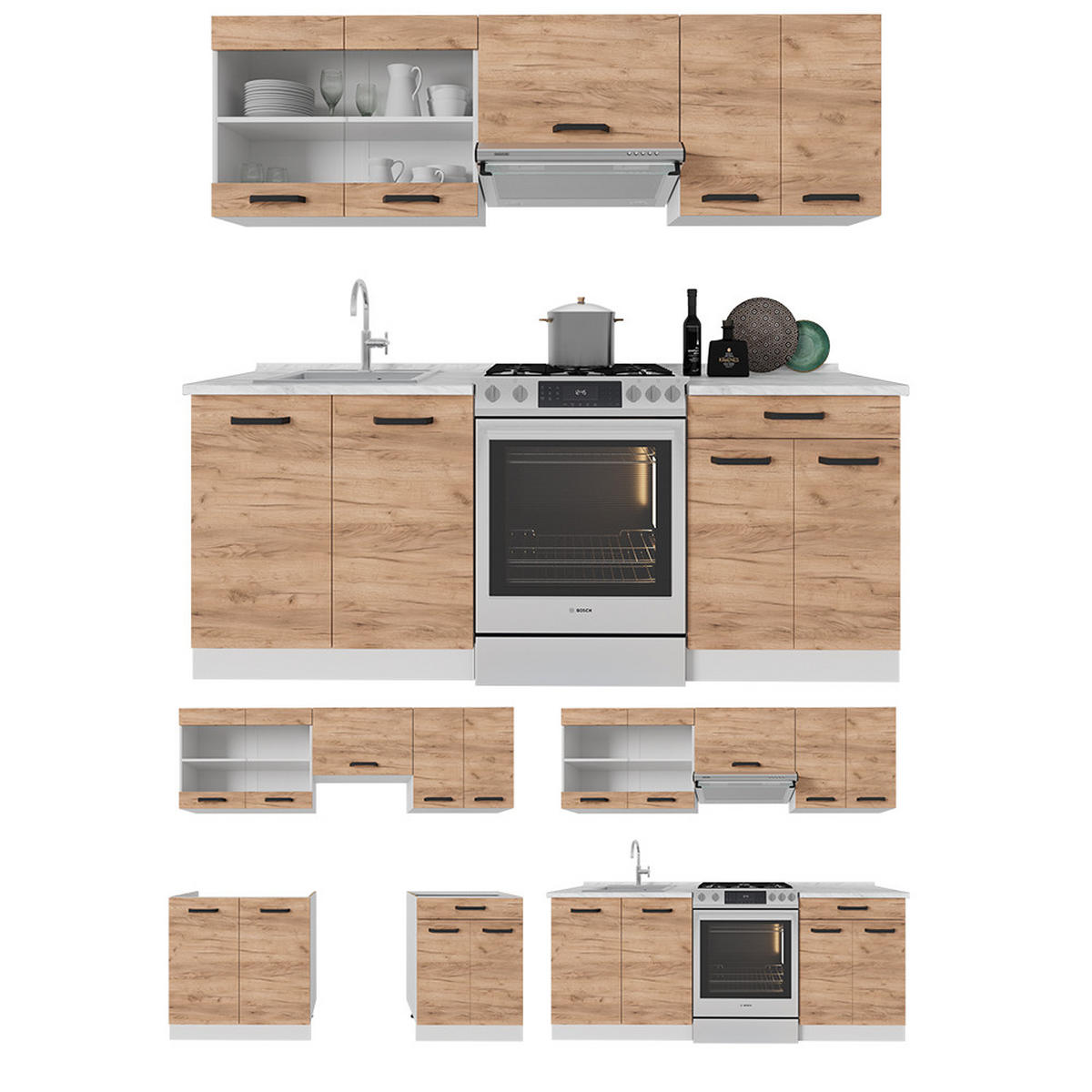 KÜCHENZEILE R-Line Goldkraft Eiche/Weiß 200 cm AP Eiche - Eiche Wotan/Weiß, Holzwerkstoff (200/81.6/60cm) - Vicco