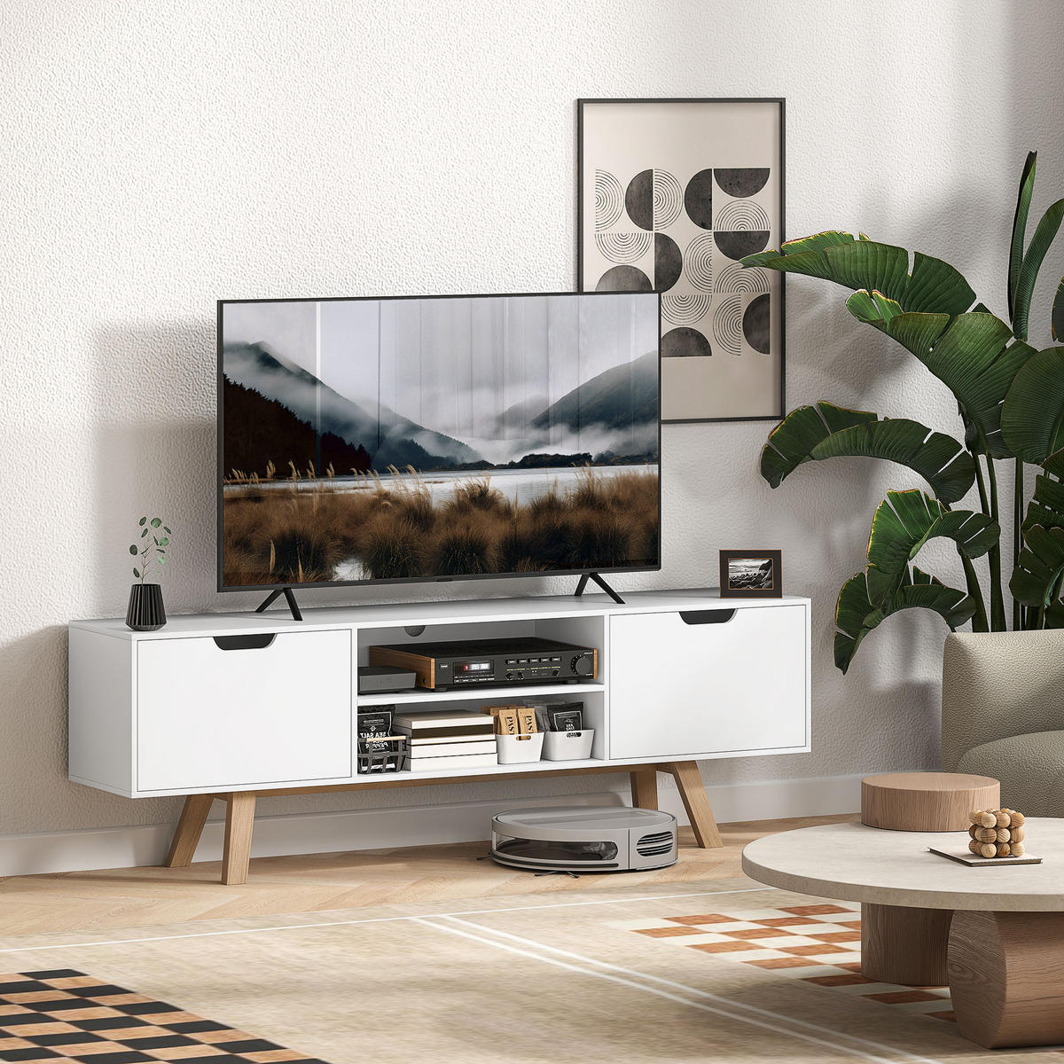 TV-SCHRANK, Fernsehtisch für Fernseher bis zu 65 Zoll, 150 x 39 x 50 cm Weiß - Weiß, Holzwerkstoff (150/50/39cm) - HOMCOM
