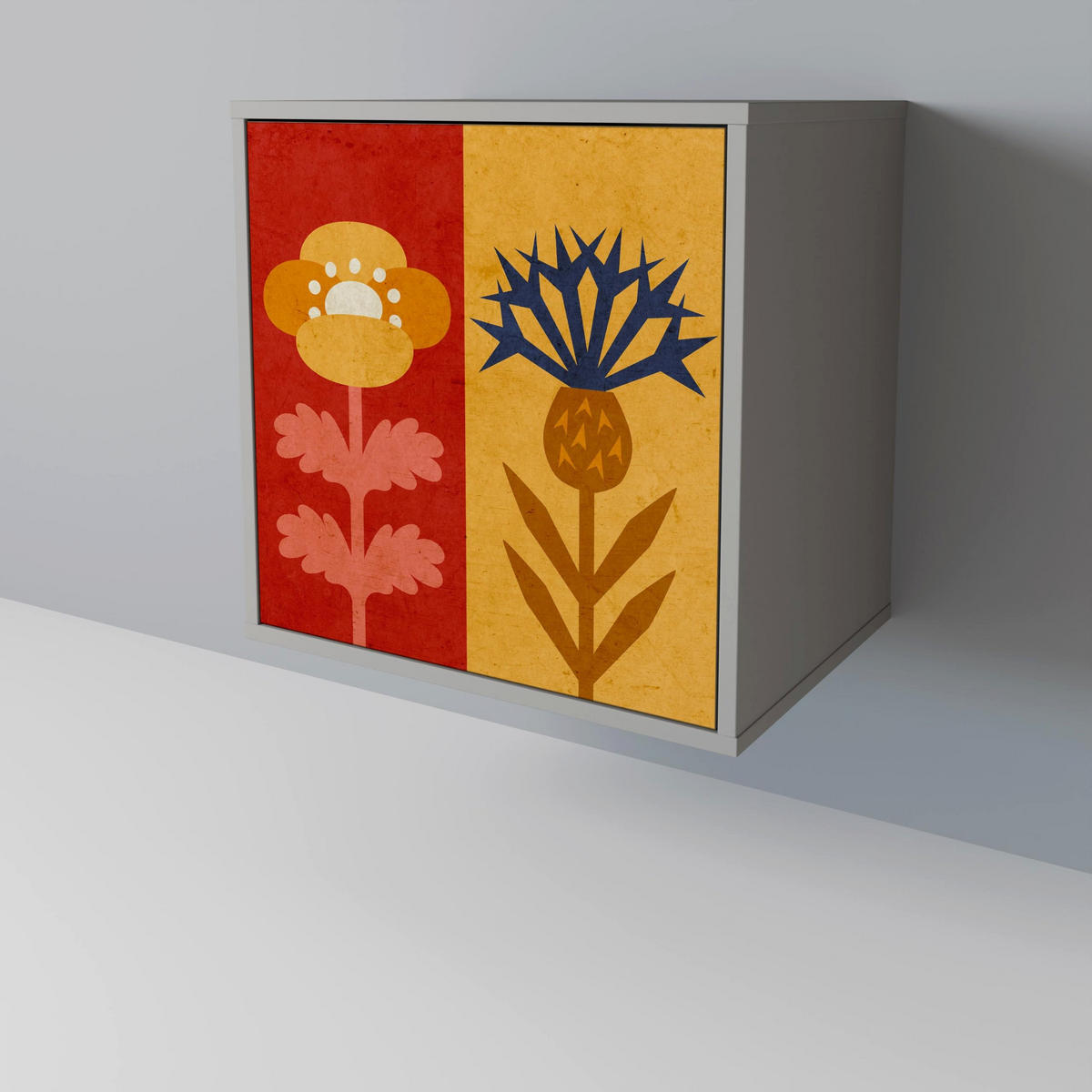 SIDEBOARD SCANDIC FLOWERET, Grau, 57,5x42x67,5 cm, Schwarze Metall-Rahmenfüße - Multicolor/Schwarz, Holzwerkstoff/Metall (57.5/67.5/42cm) - SpaceRebels