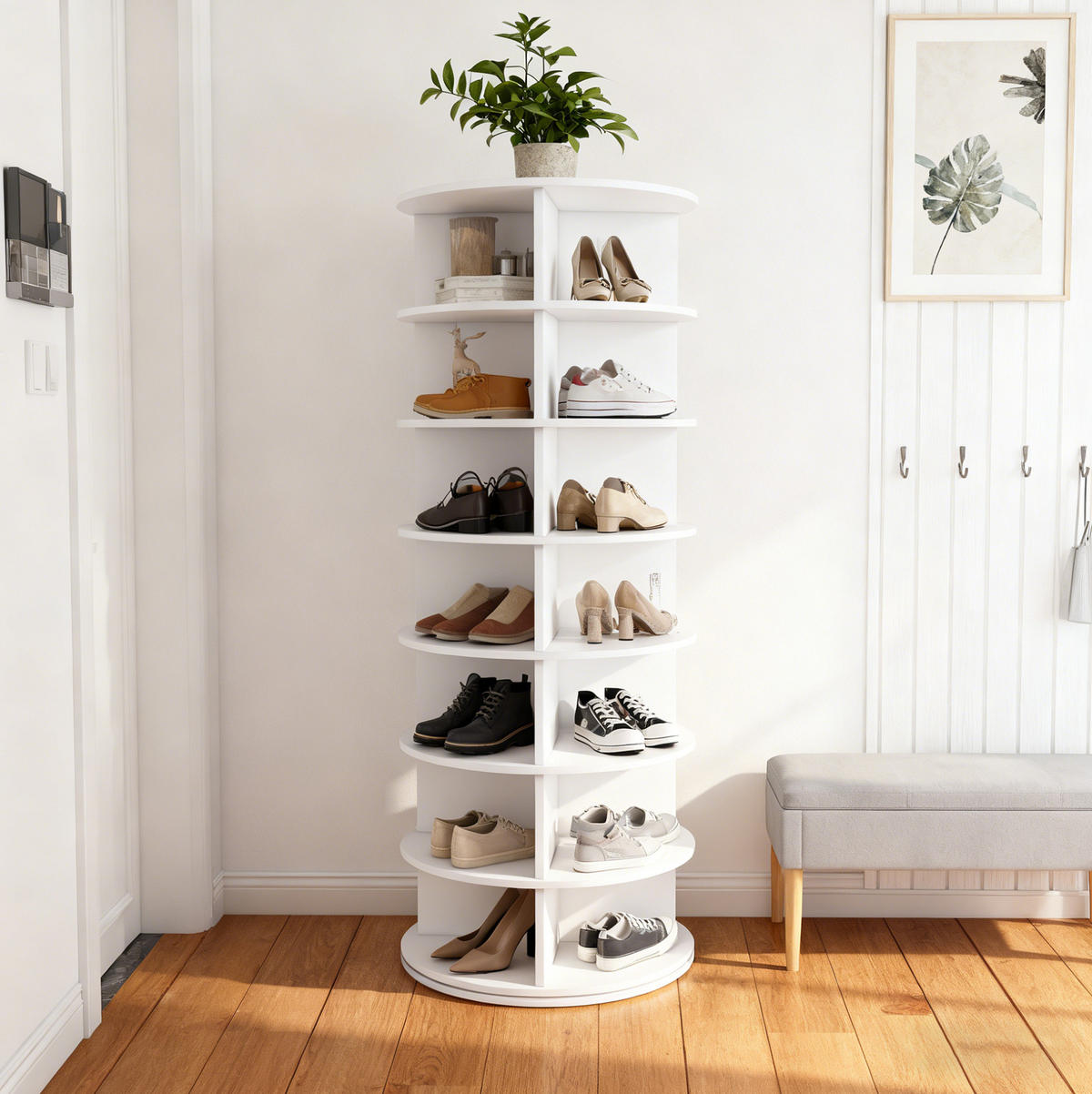 SCHUHREGAL 60/60/161 cm mit 360° Drehfunktion, 7 Ebenen und PVC-Konstruktion, Weiß - Weiß, Kunststoff (60/161/60cm) - Redom