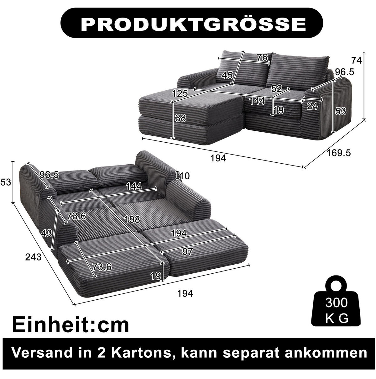 SCHLAFSOFA, Cord mit modularem Aufbau & abnehmbarer Fußstütze, 243/194/53 cm, Grau - Grau, Textil (243/53/194cm) - Redom