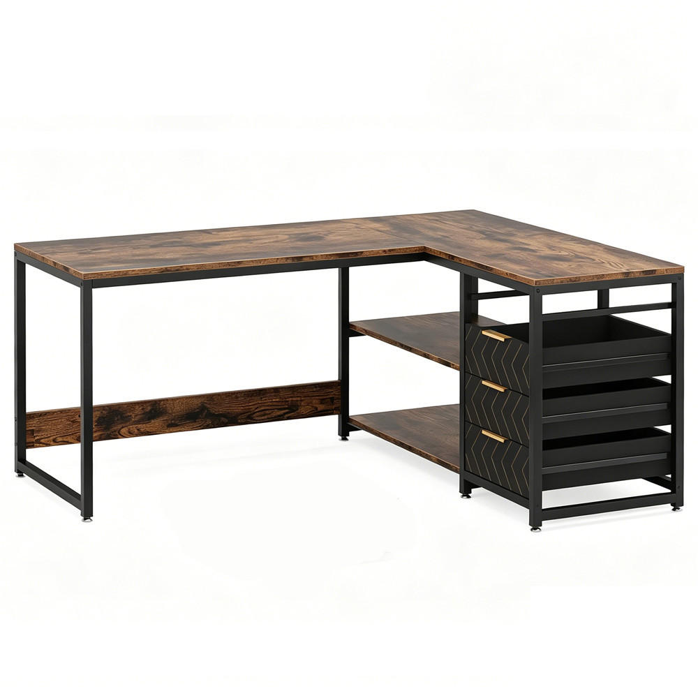 SCHREIBTISCH L-förmig 150/110/75 cm Schubladen Regale Eckschreibtisch - Braun, Metall (150/110/75cm) - Kaket